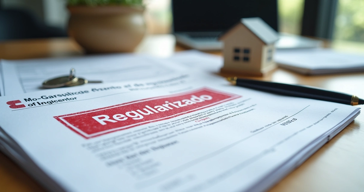 Documentos organizados e carimbo de imóvel regularizado 