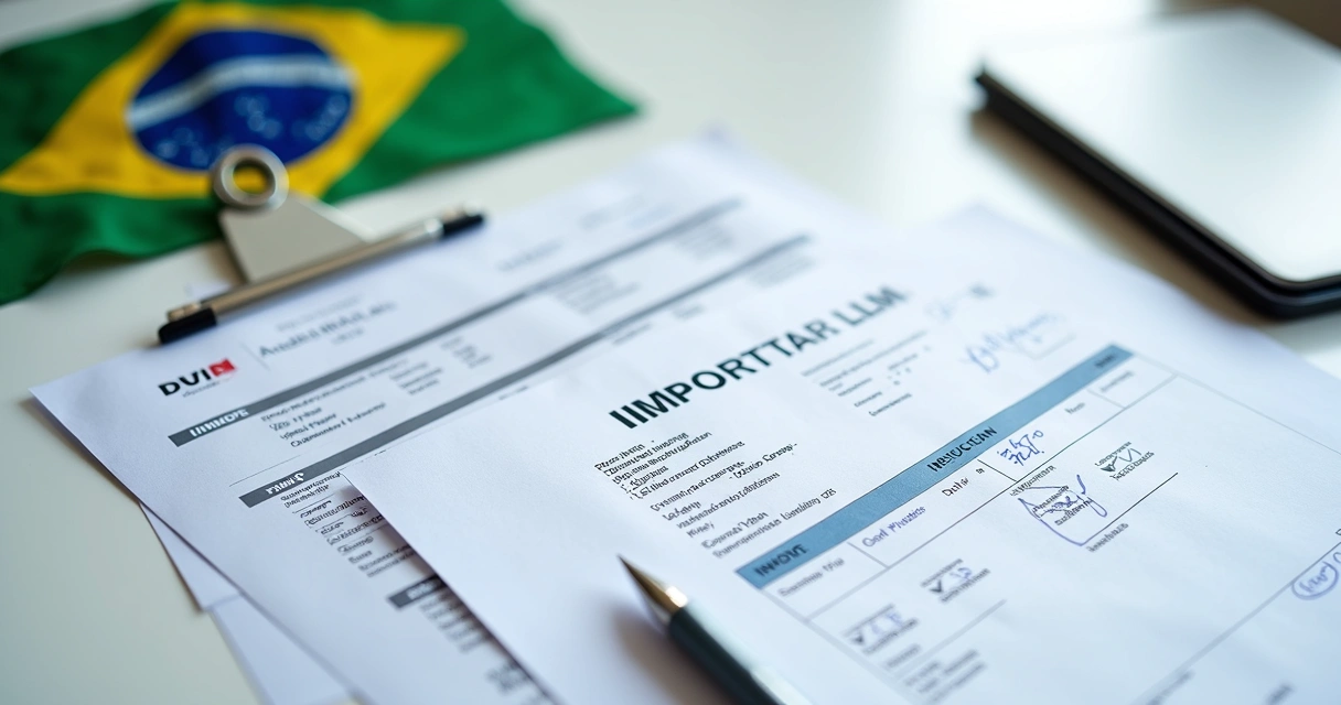 Documentos de importação sobre uma mesa, com carimbo e caneta 