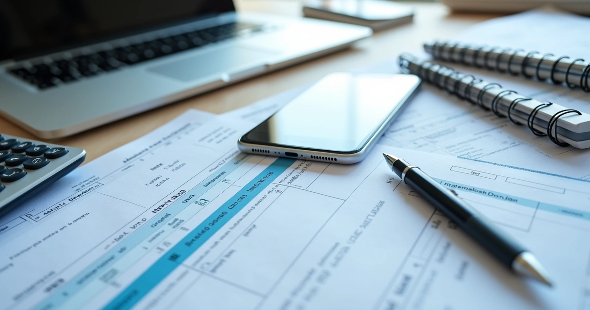 Documentos de importação ao lado de smartphone e calculadora 
