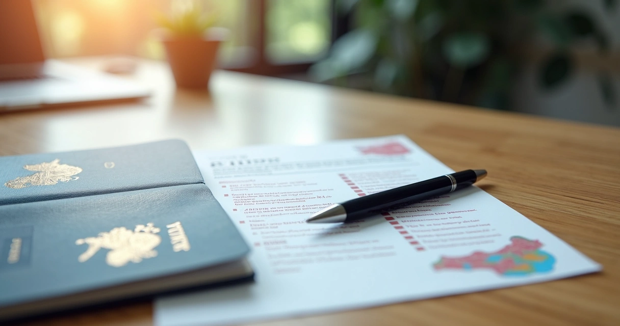 Mesa de madeira com documentos de viagem, passaporte, vistos e uma caneta ao lado 