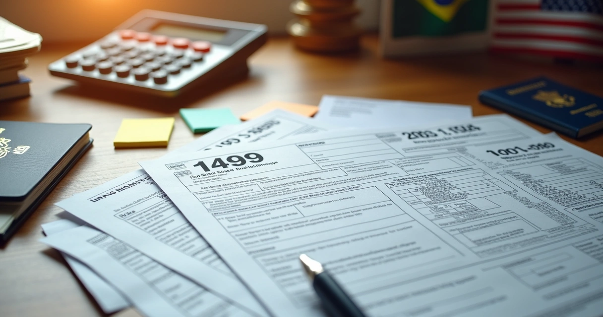 Como declarar imposto de renda dos EUA no Brasil em 7 passos 1 Documentos fiscais americanos organizados em mesa