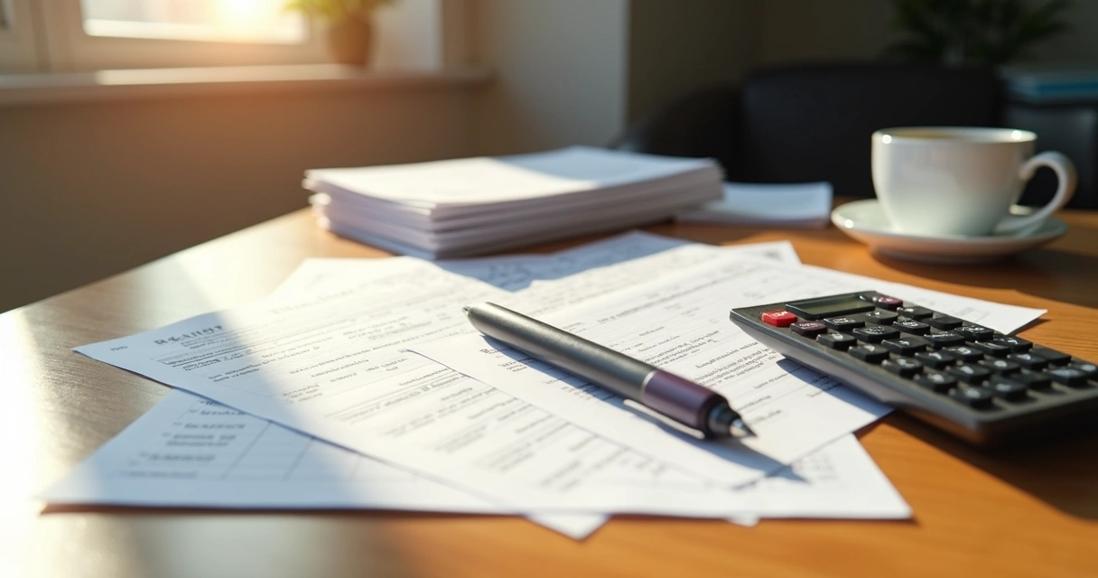 Documentos de imposto de renda organizados em uma mesa com caneta e calculadora