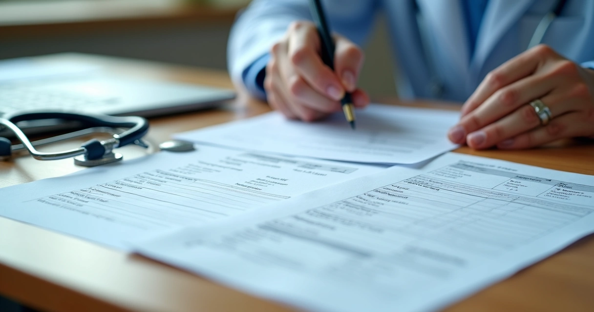 Documentos médicos para imunoterapia alinhados sobre uma mesa de escritório 