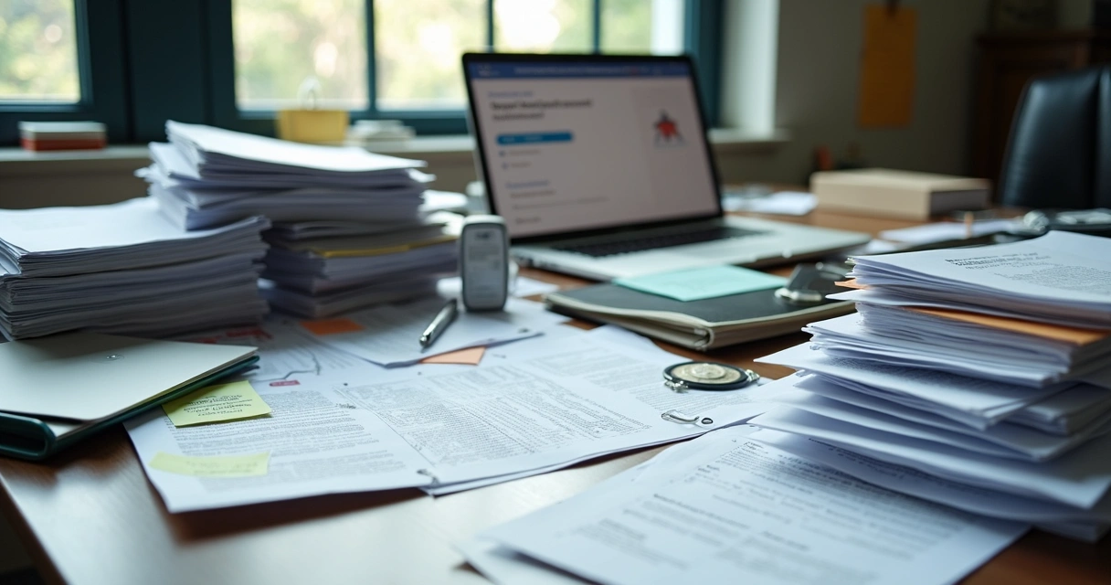 Mesa de escritório com pilha desorganizada de documentos de licitação com papéis soltos e crachás