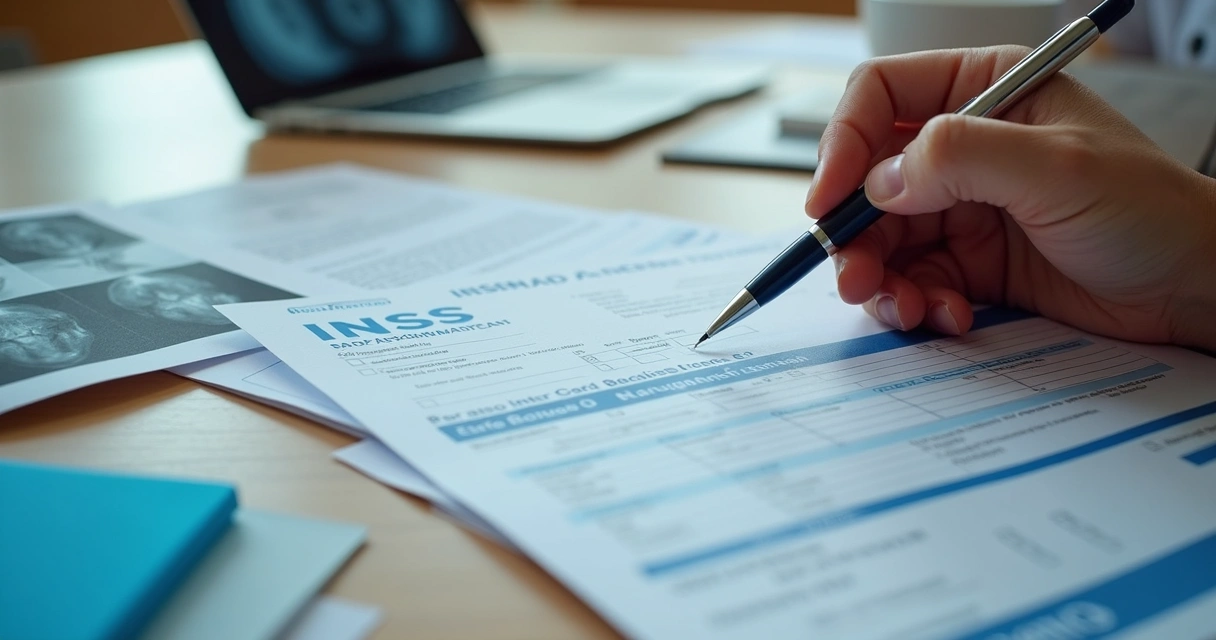 Documentos e laudos organizados sobre uma mesa, com destaque para carteira de trabalho e formulários médicos.