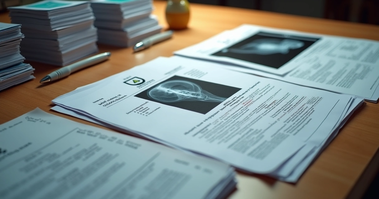 Laudos médicos e documentos organizados em uma mesa 