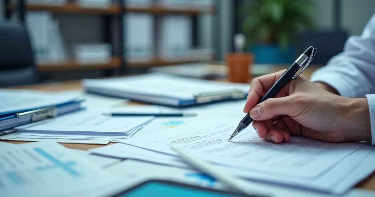 Pilhas de documentos médicos e laudos sobre uma mesa de escritório, com uma mão segurando uma caneta 