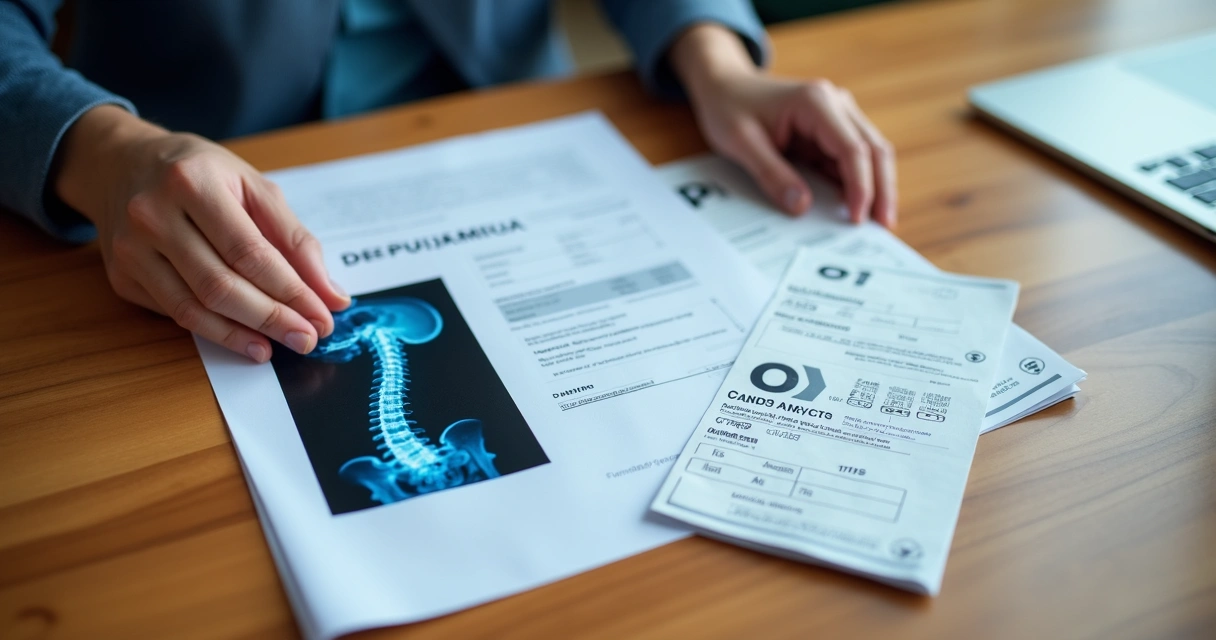 Mesa com documentos organizados: laudo médico, exames, carteira de trabalho e comprovantes de contribuição para INSS. 