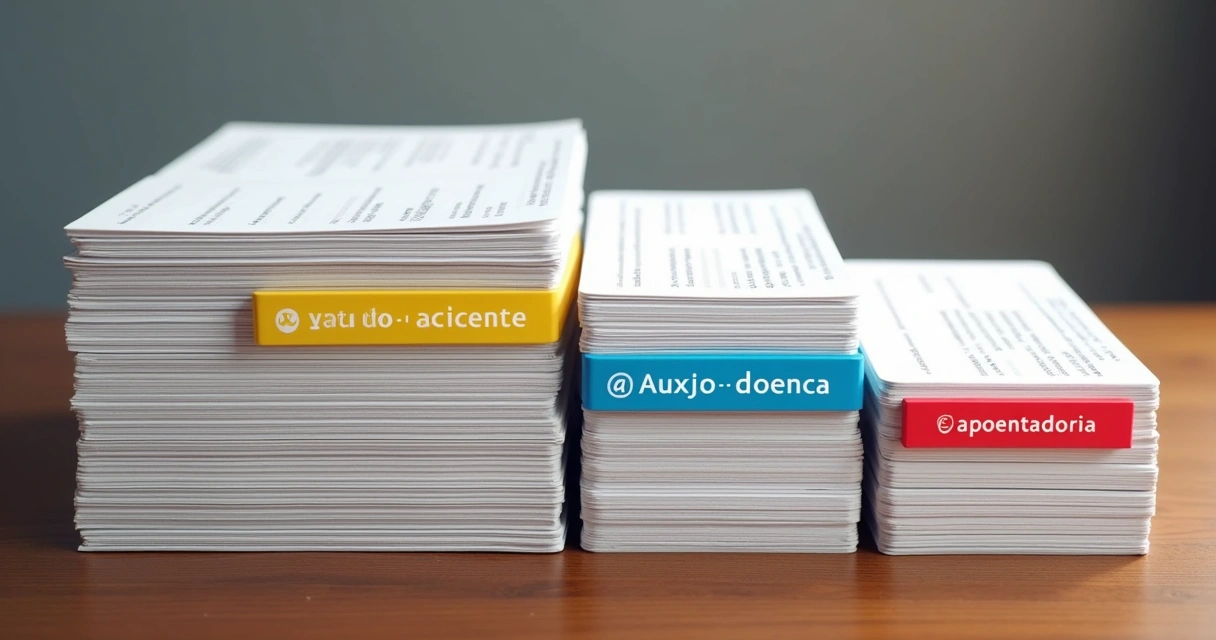Pilha de documentos de benefícios do INSS lado a lado. 