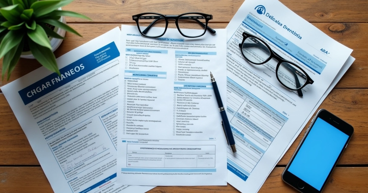 Documentos do INSS organizados sobre uma mesa 