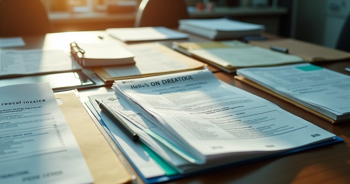 Documentos organizados sobre uma mesa, incluindo laudos médicos, carteiras de trabalho e receitas. 