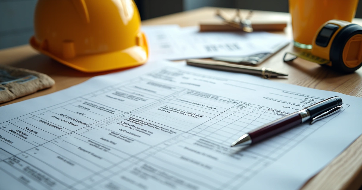Documentos sobre obra de construção civil dispostos sobre uma mesa 