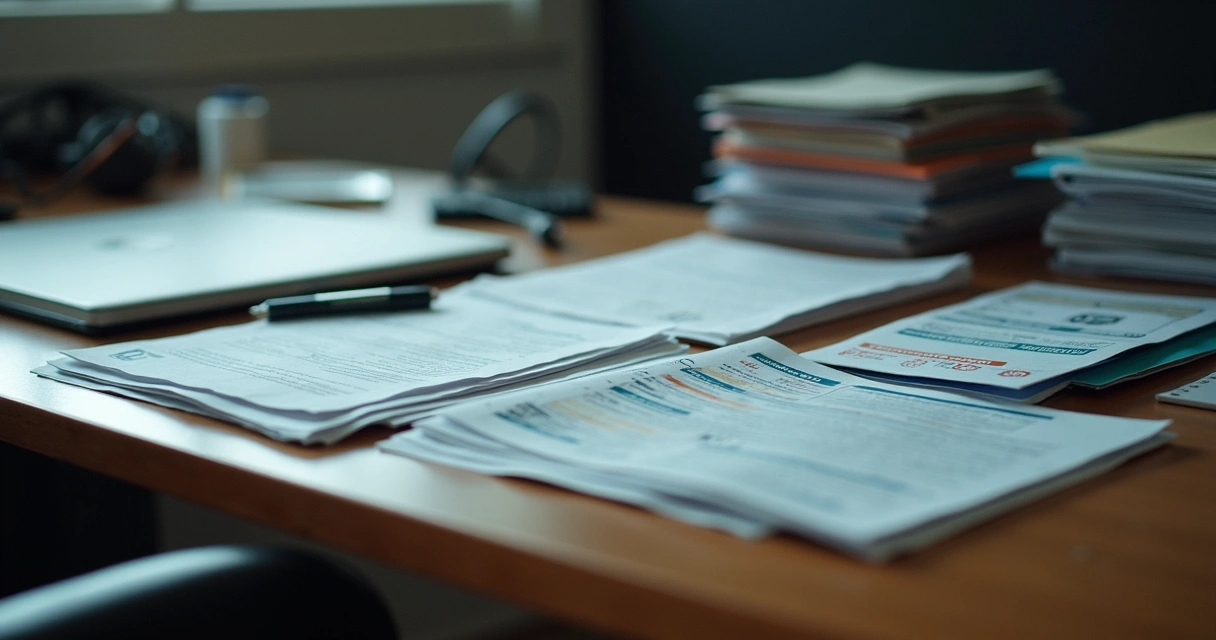 Mesa com notebook, RG, CPF, Carteira de Trabalho e documentos digitalizados 