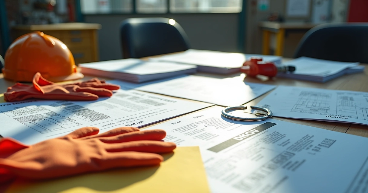 Documentos de instrução de trabalho e equipamentos de segurança em mesa 