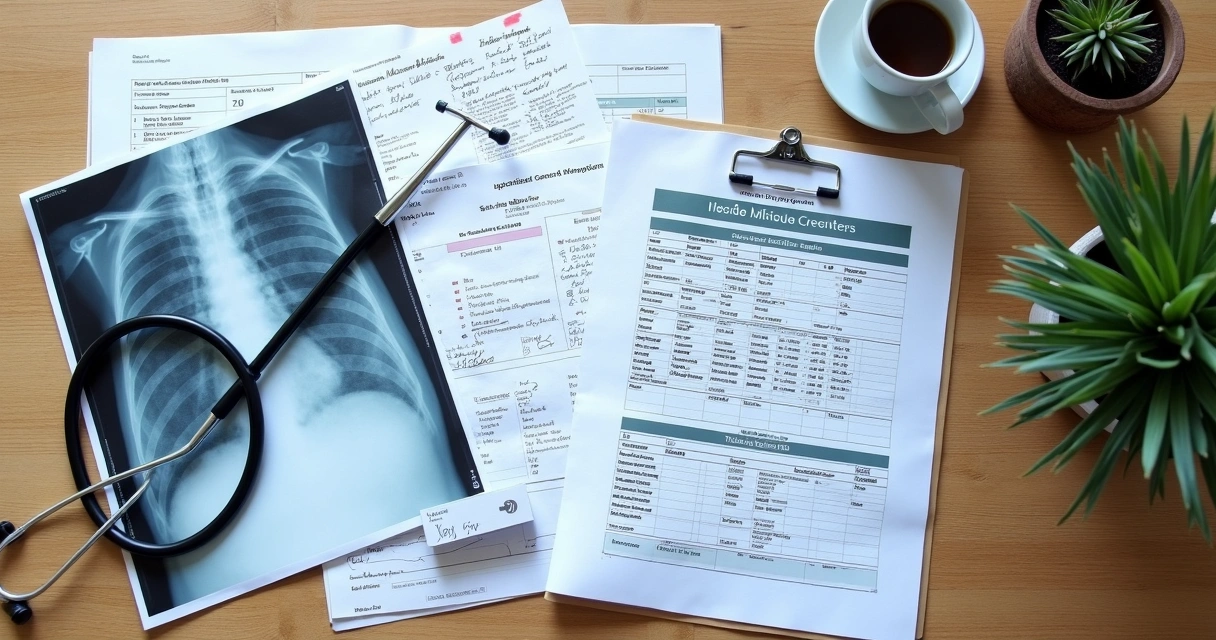 Documentos médicos sobre a mesa, incluindo laudos, resultados de exames, receitas e imagens.