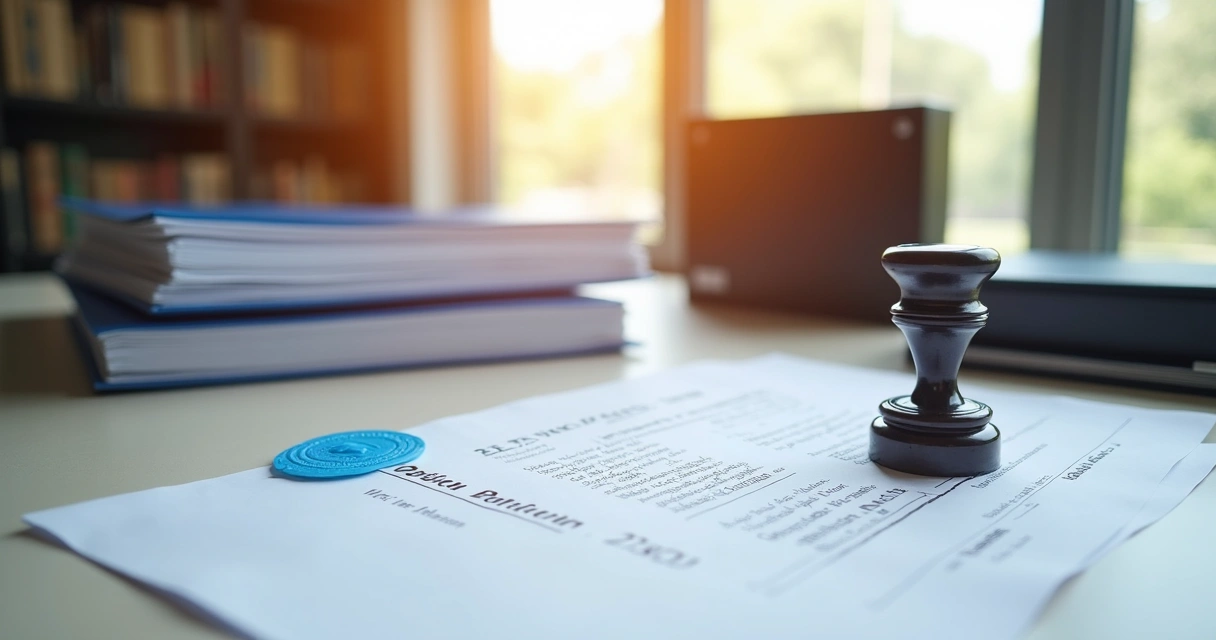 Pilha de documentos e carimbo para inventário em cartório 