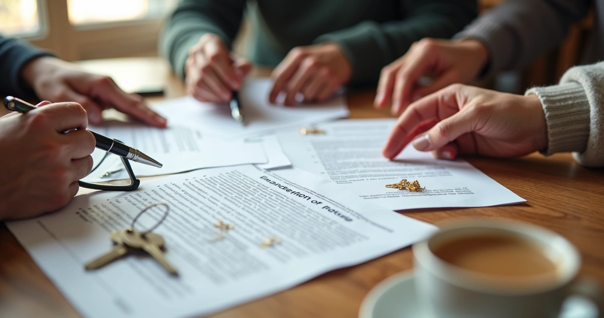 Mesa com documentos de inventário, caneta e pessoas reunidas em volta 