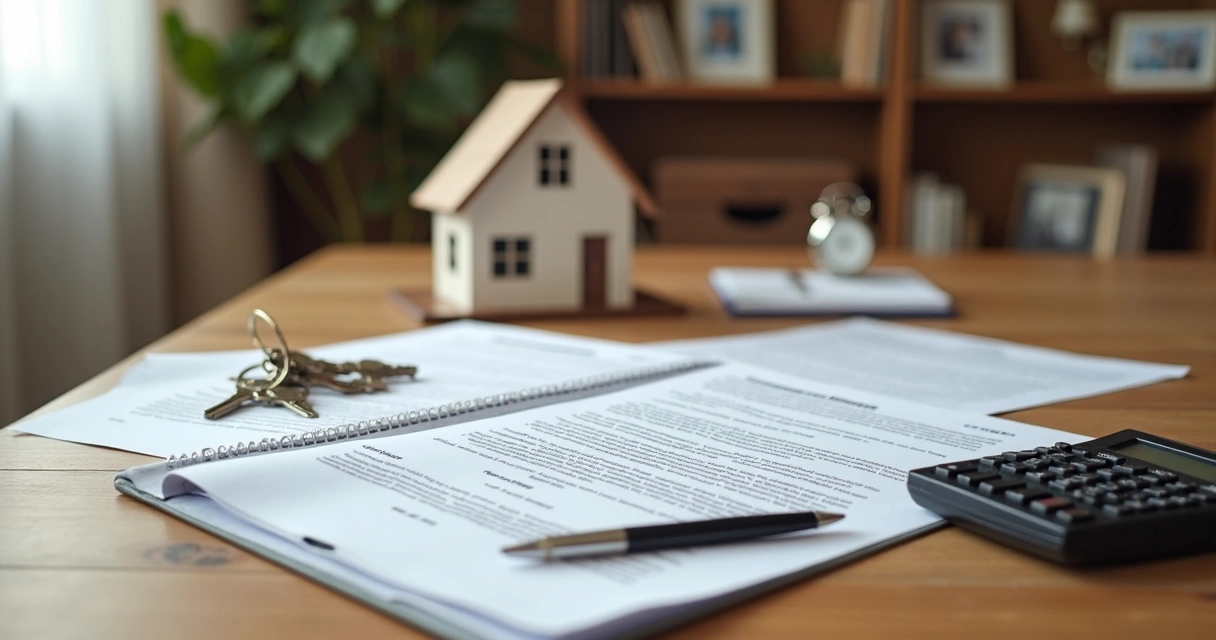 Mesa de madeira com documentos de inventário, certidão de óbito e bens representados por chaves e pequena casa 