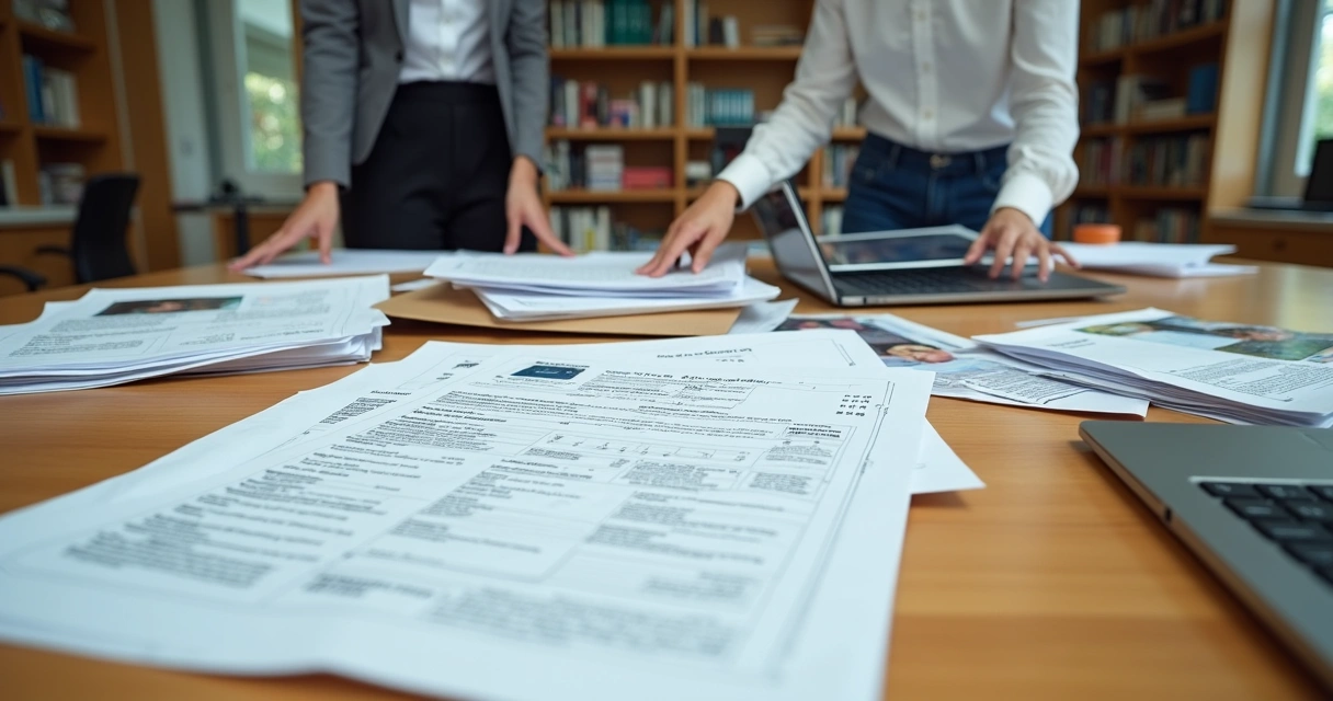 Pessoas organizando pilhas de documentos em escritório 