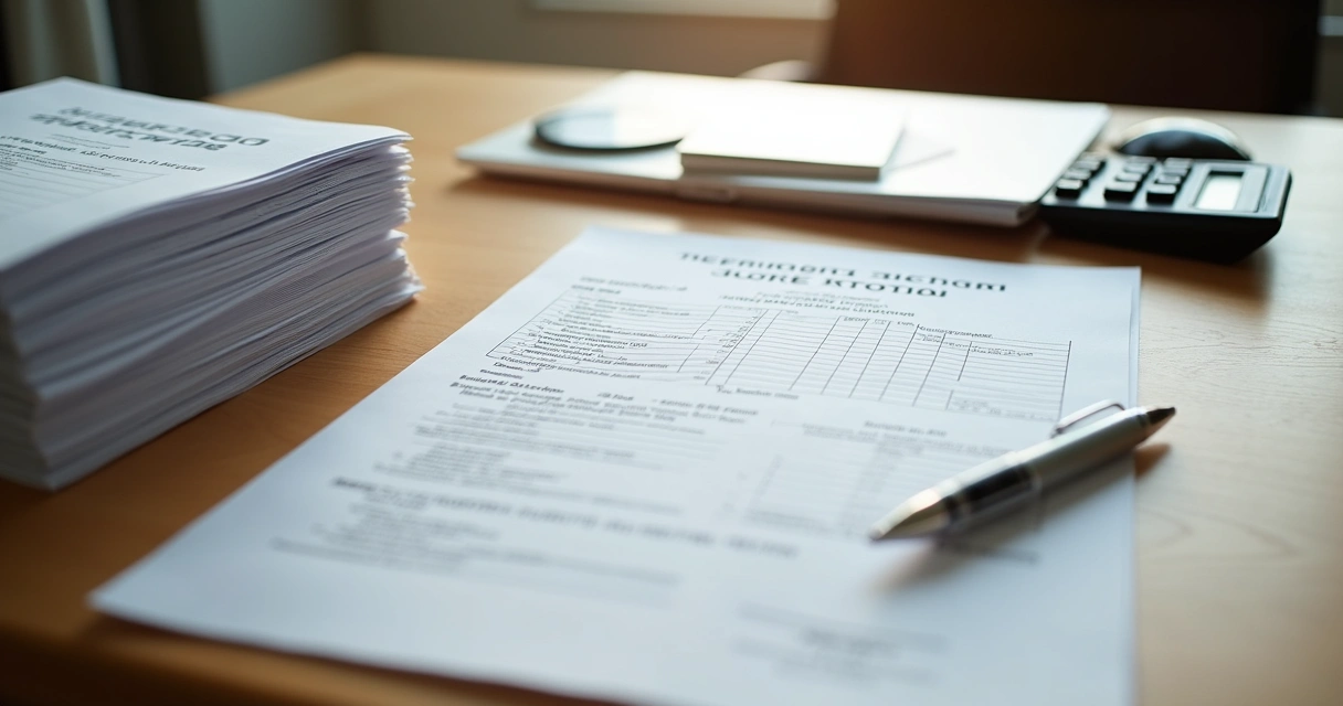 Mesa de escritório com documentos de inventário e lápis 