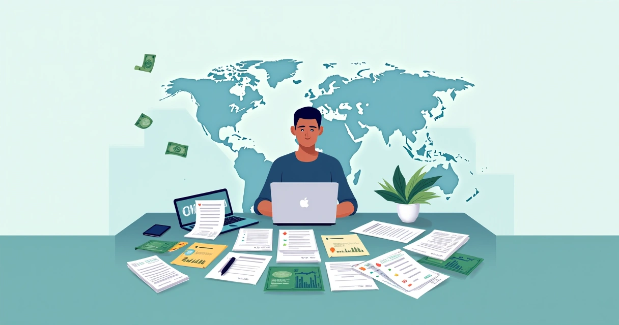 Ilustração de uma pessoa brasileira organizando documentos financeiros sobre investimentos internacionais.