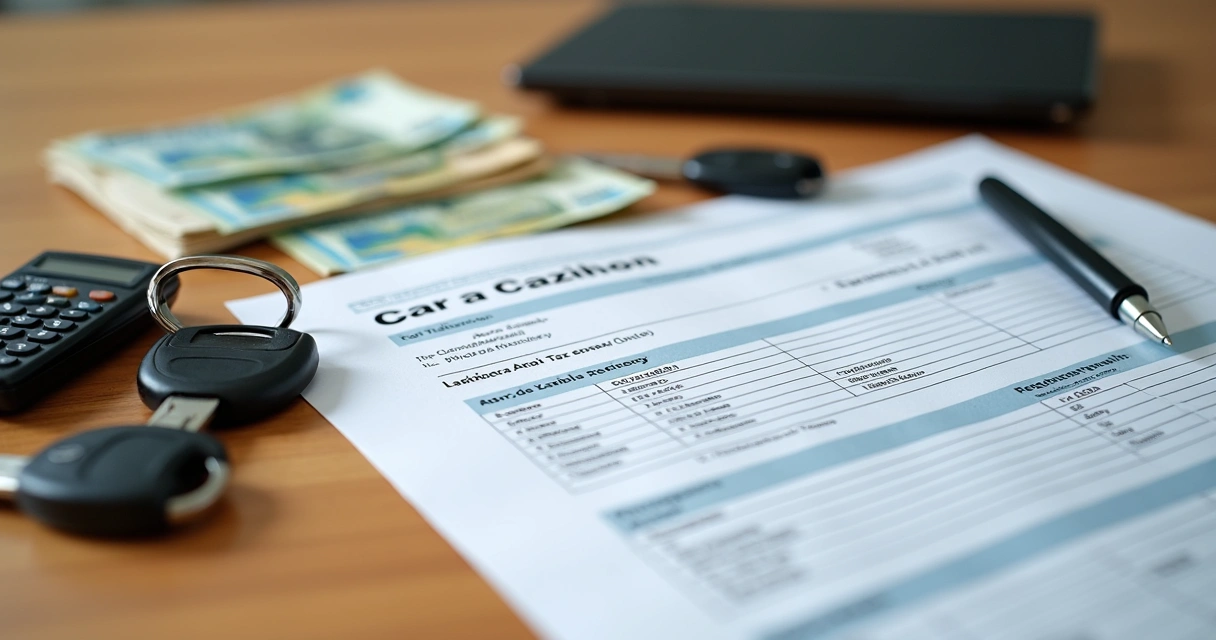 Documentos de carro, dinheiro e calculadora sobre mesa 