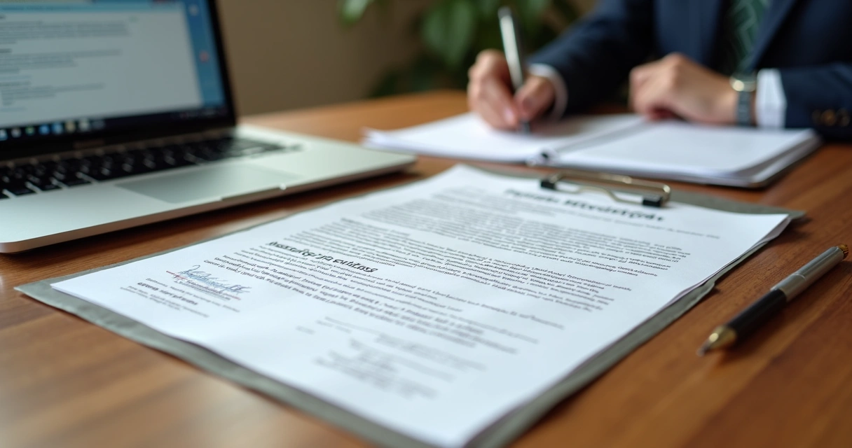 Mesa com documentos legais organizados para habilitação de herdeiro em precatório, com certidão de óbito e laptop 