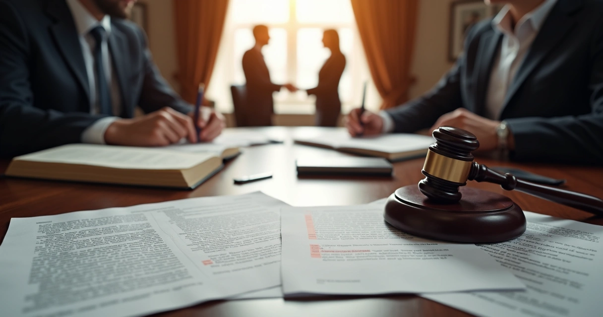 Documentos sendo analisados em mesa de tribunal 