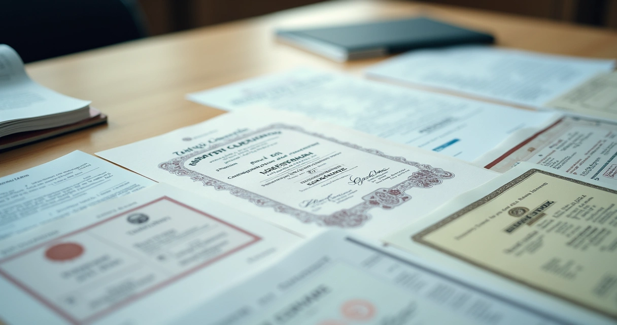 Diversos documentos em francês sobre uma mesa, incluindo certidões e contratos 