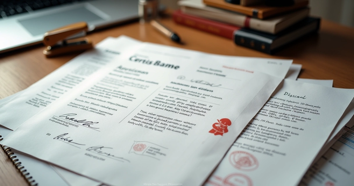 Mesa com diversos documentos oficiais, selos, grampeador e carimbo 