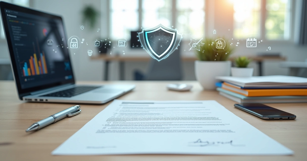 Mesa de agência de marketing com contrato jurídico assinado ao lado de notebook e ícones digitais de proteção de dados 