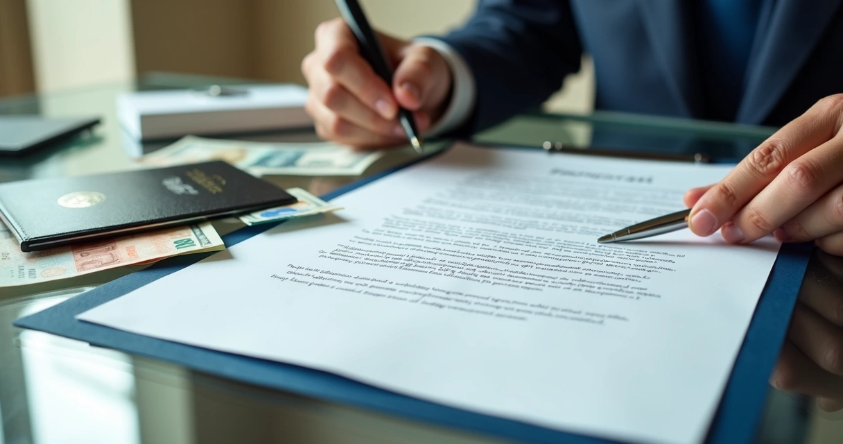 Diversos documentos jurídicos internacionais sobre uma mesa com diferentes moedas ao lado 