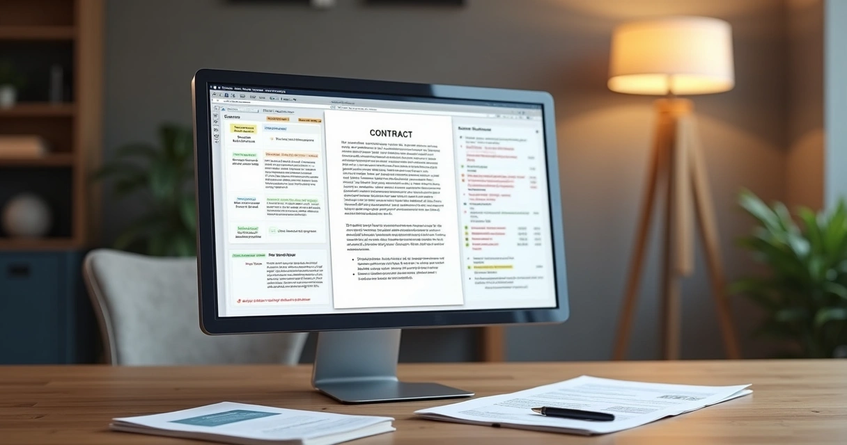Contrato jurídico visual com elementos de legal design em tela de computador 