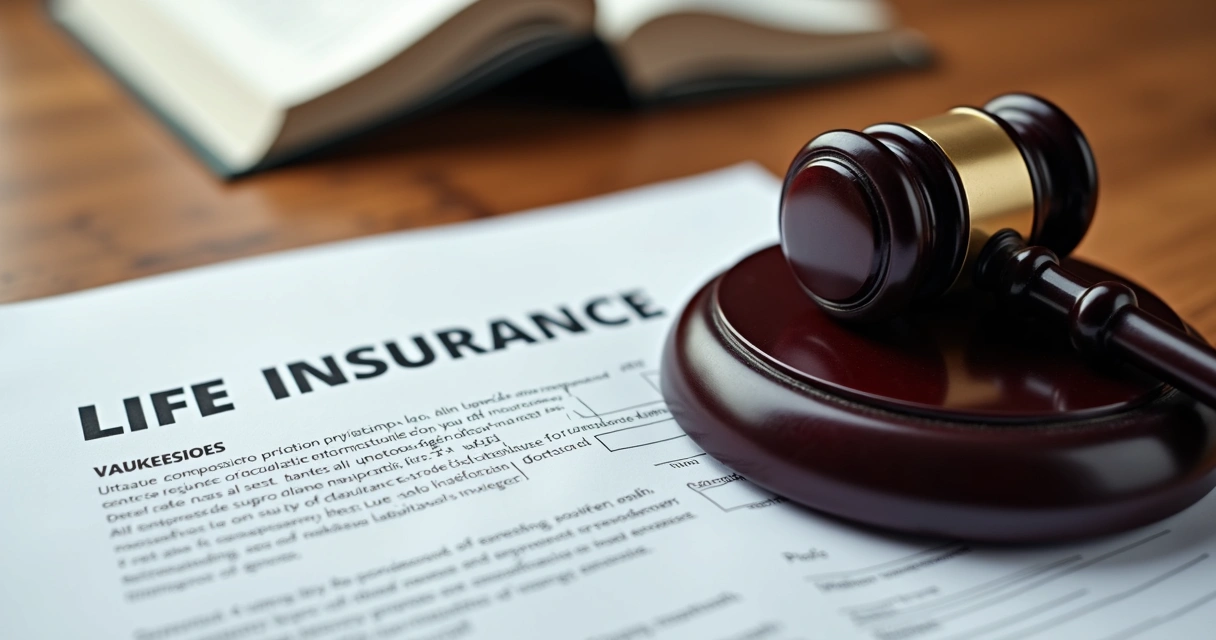 Mesa com documentos jurídicos, contrato e carimbo representando avaliação de seguro de vida.