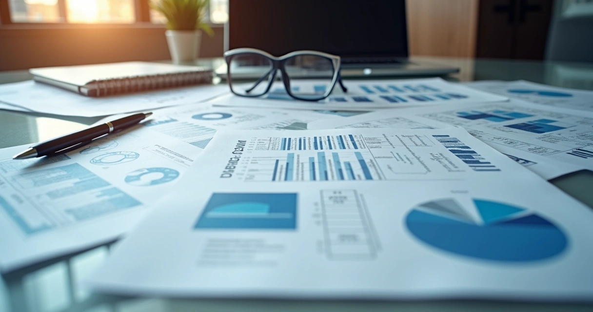 Laudos de engenharia sobre mesa, com caneta e óculos ao lado 