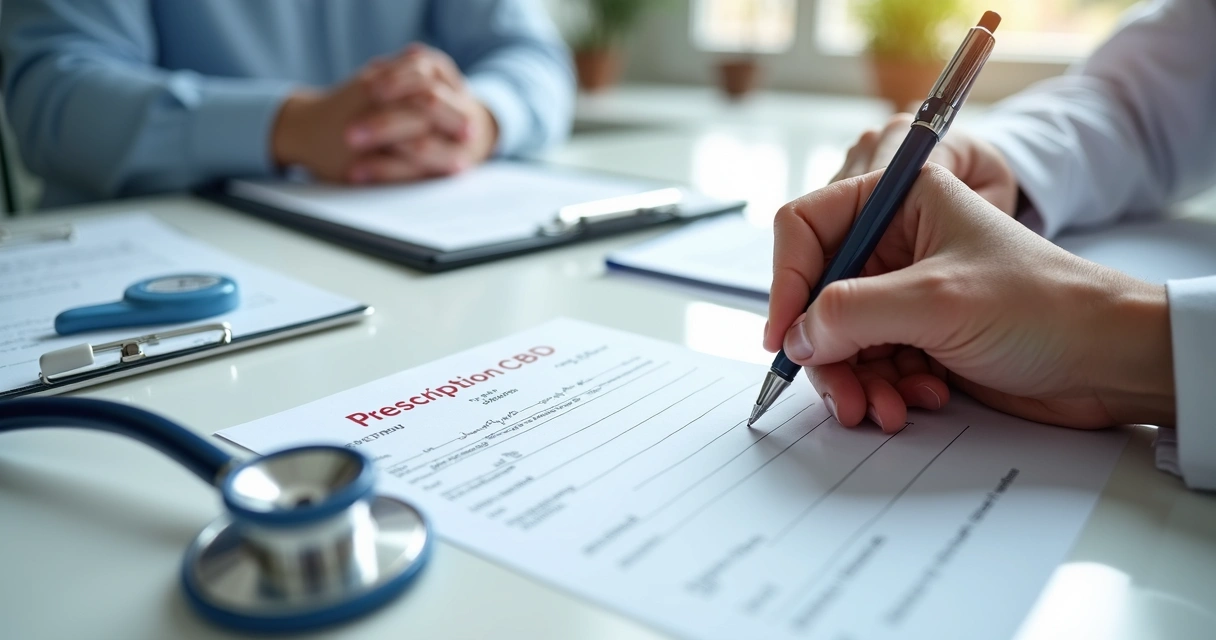 Médico preenchendo documentos de prescrição com carimbo em mesa clara 