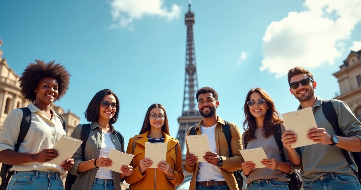 Pessoas segurando documentos legais e passagens aéreas com fundo de monumentos europeus 