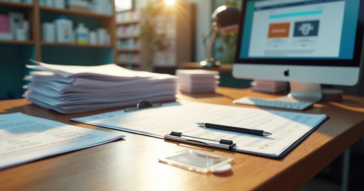 Mesa com documentos, carimbos e computador representando legalização de farmácia 