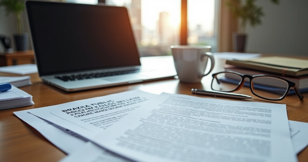 Cópias de documentos legais sobre licitação pública empilhados em uma mesa de escritório 