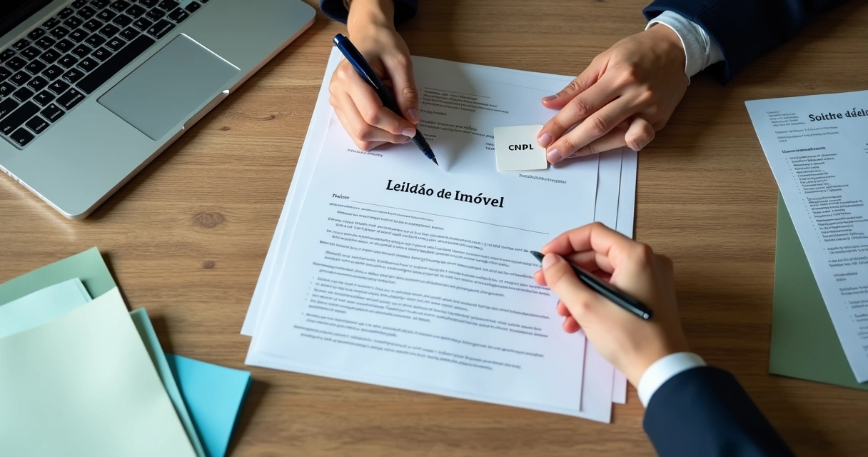 Documentos sobre uma mesa para leilão de imóvel com CNPJ