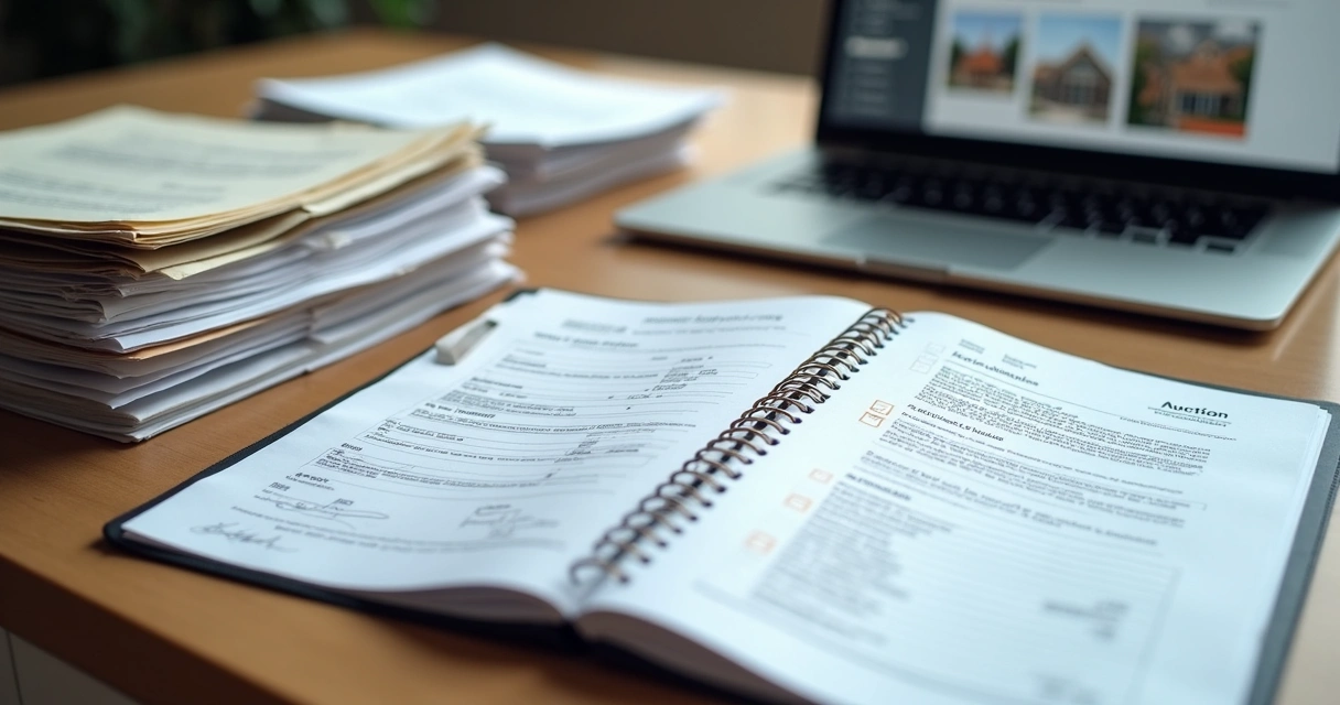 Mesa com documentos de leilão imobiliário organizados e computador ao lado 