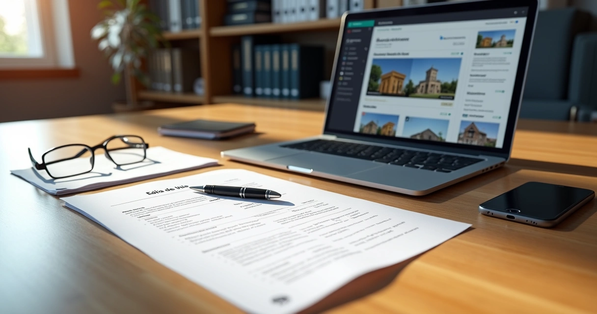 Mesa com documentos de leilão imobiliário, edital impresso, matrícula e laptop com site de leilões aberto 