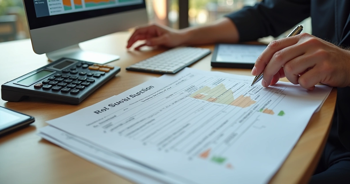 Documentos e edital de leilão imobiliário em mesa de escritório. 