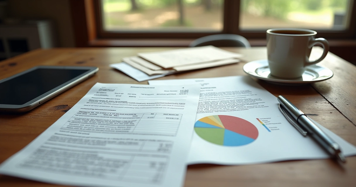 Mesa com documentos de leilão rural organizados