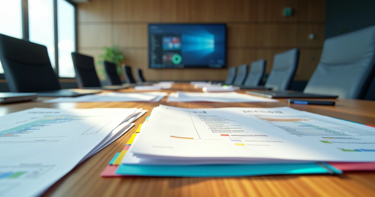Documentos impressos, planilhas e notebooks organizados em mesa de reunião 