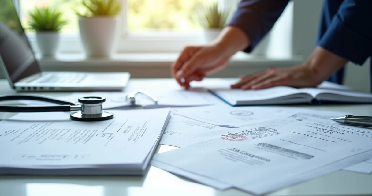 Documentos médicos e licenças organizados em uma mesa hospitalar. 