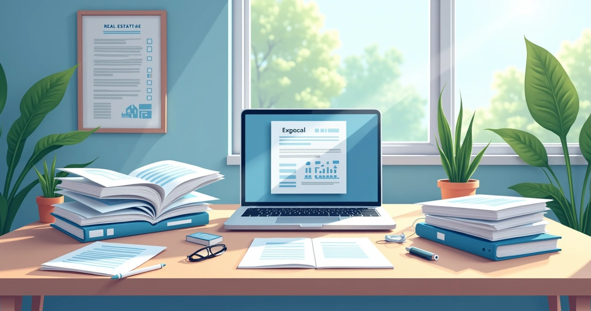 Organização de documentos de licença imobiliária em mesa de escritório