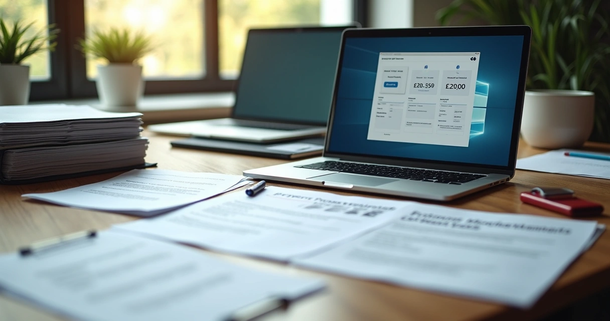 Documentos digitais organizados em mesa de escritório 