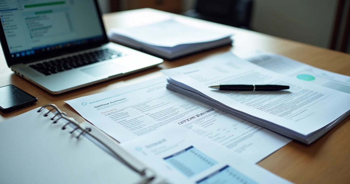 Documentos e planilhas organizadas sobre a mesa de escritório.