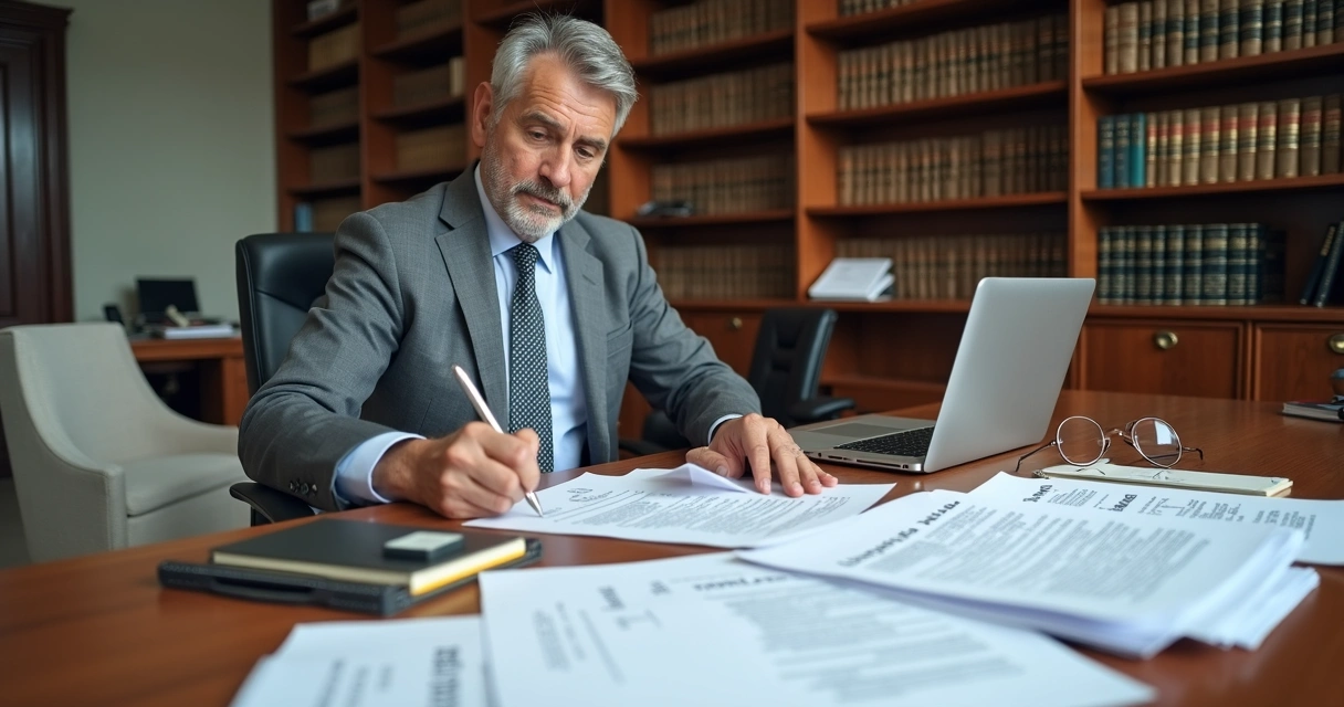 Análise de documentos licitação sobre mesa com advogado revisando